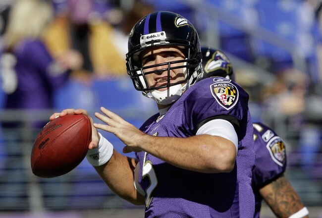 BALTIMORE, MD - OCTOBER 30:  Joe Flacco #5 of the Baltimore Ravens throws a pass while warming up before the start of the Ravens game against the Arizona Cardinals at M&T Bank Stadium on October 30, 2011 in Baltimore, Maryland.  (Photo by Rob Carr/Getty Images)