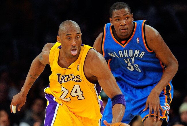 LOS ANGELES, CA - APRIL 27:  Kobe Bryant #24 of the Los Angeles Lakers moves the ball in front of Kevin Durant #35 of the Oklahoma City Thunder in the second half during Game Five of the Western Conference Quarterfinals of the 2010 NBA Playoffs at Staples Center on April 27, 2010 in Los Angeles, California.  (Photo by Kevork Djansezian/Getty Images)