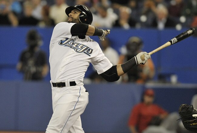 TORONTO, CANADA - SEPTEMBER 21:  Jose Bautista #19 of the Toronto Blue Jays bats during MLB game action against the Los Angeles Angels of Anaheim September 21, 2011 at Rogers Centre in Toronto, Ontario, Canada. (Photo by Brad White/Getty Images)