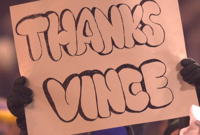 18 Feb 2001:  A New York Hitmen fan holds a sign thanking Vince McMahon during the Hitmen's game against the Orlando Rage at Giant Stadium in East Rutherford, New Jersey.  DIGITAL IMAGE  Mandatory Credit: Ezra Shaw/ALLSPORT