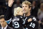 SAN JOSE, CA - NOVEMBER 03:  Joe Thornton #19 of the San Jose Sharks holds his daugher, Ayla, when he waves to the crowd during a pregame ceremony honoring Thornton for playing in 1000 games and scoring 1000 points at HP Pavilion at San Jose on November 3, 2011 in San Jose, California.  (Photo by Ezra Shaw/Getty Images)