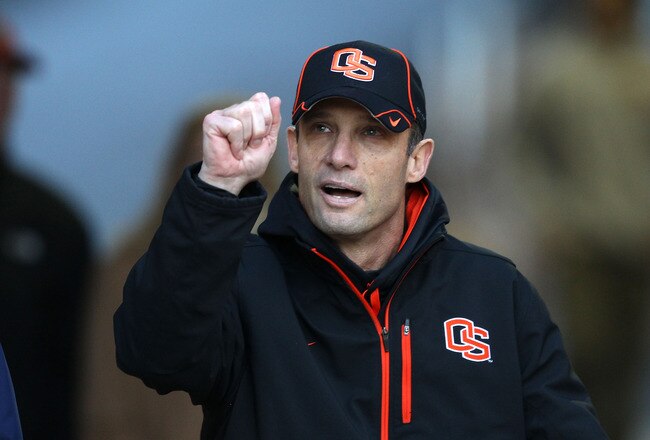 PALO ALTO, CA - NOVEMBER 27:  Head coach Mike Riley of the Oregon State Beavers walks on to the field for their game against the Stanford Cardinal at Stanford Stadium on November 27, 2010 in Palo Alto, California.  (Photo by Ezra Shaw/Getty Images)