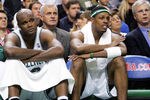 BOSTON - MAY 7: Antoine Walker #8 (L) and Paul Pierce #34 of the Boston Celtics sit on the bench during the game against the Indiana Pacers in Game seven of the Eastern Conference Quarterfinals during the 2005 NBA Playoffs at Fleet Center on May 7, 2005 in Boston, Massachusetts.  The Pacers defeated the Celtics 97-70 to win the series four games to three. NOTE TO USER: User expressly acknowledges and agrees that, by downloading and or using this photograph, User is consenting to the terms and conditions of the Getty Images License Agreement. (Photo by Jim McIsaac/Getty Images)
