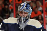 PHILADELPHIA, PA - NOVEMBER 5: Steve Mason #1 of the Columbus Blue Jackets looks at the ice during a break in the game action in the second period against the Philadelphia Flyers at the Wells Fargo Center on November 5, 2011 in Philadelphia, Pennsylvania. (Photo by Christopher Pasatieri/Getty Images)