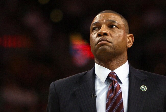BOSTON - MAY 07:  Head coach Doc Rivers of the Boston Celtics watches from the bench action against the Cleveland Cavaliers in Game Three of the Eastern Conference Semifinals during the 2010 NBA Playoffs at TD Banknorth Garden on May 7, 2010 in Boston, Massachusetts. NOTE TO USER: User expressly acknowledges and agrees that, by downloading and or using this photograph, User is consenting to the terms and conditions of the Getty Images License Agreement. (Photo by Jim Rogash/Getty Images)