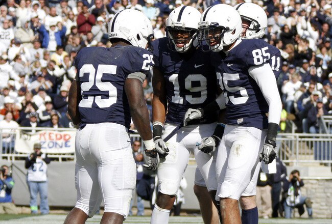 STATE COLLEGE, PA - OCTOBER 15:  Silas Redd #25 of the Penn State Nittany Lions celebrates his rushing touchdown against the Purdue Boilermakers during the game on October 15, 2011 at Beaver Stadium in State College, Pennsylvania.  The Nittany Lions defeated the Boilermakers 23-18.  (Photo by Justin K. Aller/Getty Images)