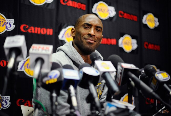 EL SEGUNDO, CA - MAY 11:  Kobe Bryant #24 of the Los Angeles Lakers speaks during a news conference at the Lakers training facility on May 11, 2011 in El Segundo, California. The Lakers were swept out of their best of seven series with the Dallas Mavericks four games to none. NOTE TO USER: User expressly acknowledges and agrees that, by downloading and or using this photograph, User is consenting to the terms and conditions of the Getty Images License Agreement.  (Photo by Kevork Djansezian/Getty Images)