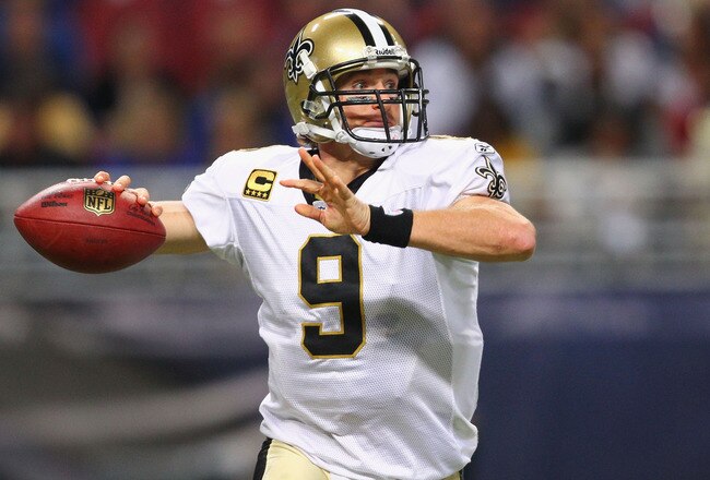 ST. LOUIS, MO - OCTOBER 30: Drew Brees #9 of the New Orleans Saints passes against the St. Louis Rams at the Edward Jones Dome on October 30, 2011 in St. Louis, Missouri.  The Rams beat the Saints 31-21.  (Photo by Dilip Vishwanat/Getty Images)