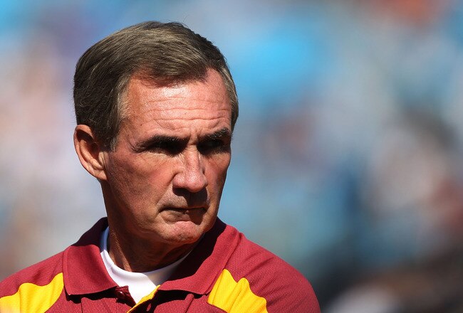 CHARLOTTE, NC - OCTOBER 23:  Washington Redskins head coach Mike Shanahan watches the play against the Carolina Panthers during their game at Bank of America Stadium on October 23, 2011 in Charlotte, North Carolina.  (Photo by Scott Halleran/Getty Images)