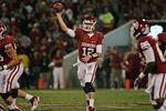 NORMAN, OK - OCTOBER 22:  Quarterback Landry Jones #12 of the Oklahoma Sooners looks to throw in the first half against theTexas Tech Red Raiders on at Gaylord Family-Oklahoma Memorial Stadium on October 22, 2011 in Norman, Oklahoma.  Oklahoma was upset by Texas Tech 41-38.  (Photo by Brett Deering/Getty Images)