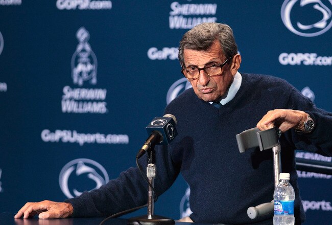 STATE COLLEGE, PA - SEPTEMBER 10:  Head coach Joe Paterno talks with the media following thier 27-11 loss to the Alabama Crimson Tide at Beaver Stadium on September 10, 2011 in State College, Pennsylvania.  (Photo by Rob Carr/Getty Images)