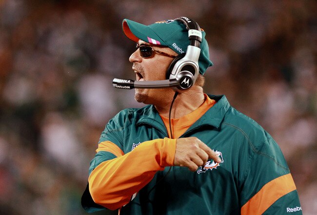 EAST RUTHERFORD, NJ - OCTOBER 17: Tony Sparano, head coach of the Miami Dolphins, reacts during the first quarter against the New York Jets at MetLife Stadium on October 17, 2011 in East Rutherford, New Jersey.  (Photo by Nick Laham/Getty Images)