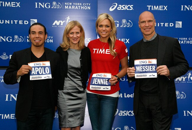 NEW YORK, NY - NOVEMBER 03:  (L to R) Apolo Ohno, New York Road Runners President and CEO Mary Wittenberg, Jennie Finch and Mark Messier attend a press conference at Marathon Pavilion in Central Park on November 3, 2011 in New York City.  (Photo by Andy Kropa/Getty Images)