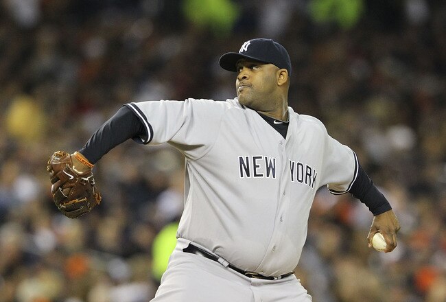 DETROIT - OCTOBER 03:  C.C. Sabathia #52 of the New York Yankee pitches in the sixth inning during the game against the Detroit Tigers during Game Three of the American League Division Series at Comerica Park on October 3, 2011 in Detroit, Michigan.  (Photo by Leon Halip/Getty Images)