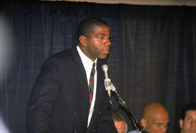 INGLEWOOD, CA - NOVEMBER 7:  Magic Johnson of the Los Angeles Lakers announces at a press conferences his retirement after being diagnosed as HIV positive. (Photo by Stephen Dunn/Getty Images)