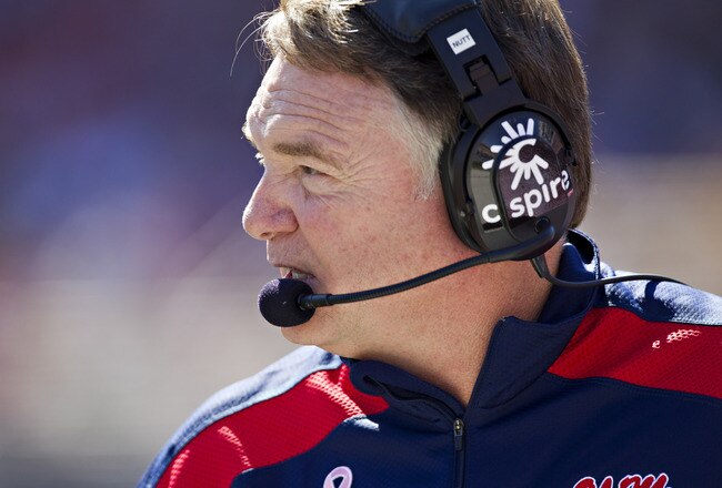 OXFORD,  MS - OCTOBER 22:  Head Coach Houston Nutt of the Ole Miss Rebels on the sidelines during a game against the Arkansas Razorbacks at Vaught-Hemingway Stadium on October 22, 2011 in Oxford, Mississippi.  The Razorbacks defeated the Rebels 29 to 24.  (Photo by Wesley Hitt/Getty Images)