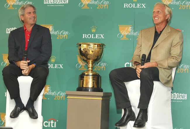 MELBOURNE, AUSTRALIA - NOVEMBER 29:  Fred Couples of the United States and Greg Norman of Australia talk to the media during the press conference during Presidents Cup Captains Day at Royal Melbourne Gof Course on November 29, 2010 in Melbourne, Australia.  (Photo by Lucas Dawson/Getty Images)