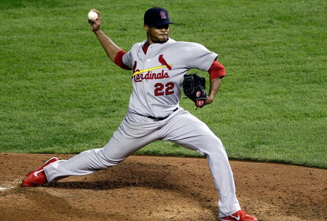 ARLINGTON, TX - OCTOBER 23: Edwin Jackson #22 of the St. Louis Cardinals pitches in the fifth inning during Game Four of the MLB World Series against the Texas Rangers at Rangers Ballpark in Arlington on October 23, 2011 in Arlington, Texas.  (Photo by Rob Carr/Getty Images)