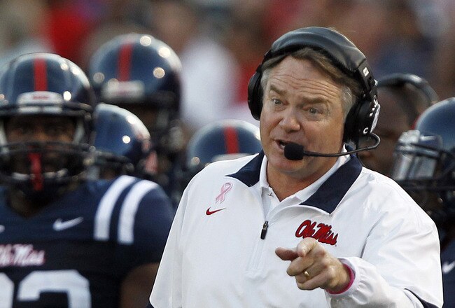 OXFORD, MS - OCTOBER 15:  Coach Houston Nutt of the Mississippi Rebels coaches from the sidelines against Alabama on October 15, 2011 at Vaught- Hemingway Stadium in Oxford, Mississippi. (Photo by Butch Dill/Getty Images)