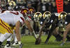SOUTH BEND, IN - OCTOBER 22:  Members of the Notre Dame Fighting Irish defense line up against the offense of the University of Southern California Trojans at Notre Dame Stadium on October 22, 2011 in South Bend, Indiana. USC defeated Notre Dame 31-17.  (Photo by Jonathan Daniel/Getty Images)