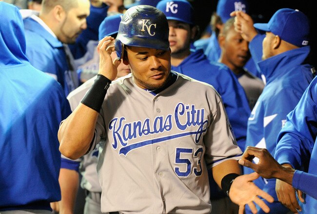 MINNEAPOLIS, MN - SEPTEMBER 26: Melky Cabrera #53 of the Kansas City Royals celebrates scoring against the Minnesota Twins in the first inning on September 26, 2011 at Target Field in Minneapolis, Minnesota. (Photo by Hannah Foslien/Getty Images)