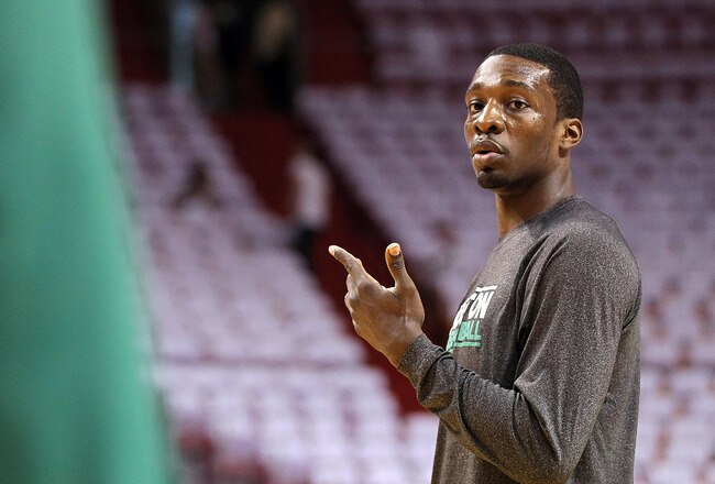 MIAMI, FL - MAY 03: Jeff Green #8 of the Boston Celtics warms up before Game Two of the Eastern Conference Semifinals of the 2011 NBA Playoffs against the Miami Heat at American Airlines Arena on May 3, 2011 in Miami, Florida. NOTE TO USER: User expressly acknowledges and agrees that, by downloading and/or using this Photograph, User is consenting to the terms and conditions of the Getty Images License Agreement.  (Photo by Mike Ehrmann/Getty Images)