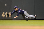 MINNEAPOLIS, MN - SEPTEMBER 16: Grady Sizemore #24 of the Cleveland Indians dives for a ball in center field against the Minnesota Twins in the ninth inning on September 16, 2011 at Target Field in Minneapolis, Minnesota. The Indians defeated the Twins 7-6. (Photo by Hannah Foslien/Getty Images)