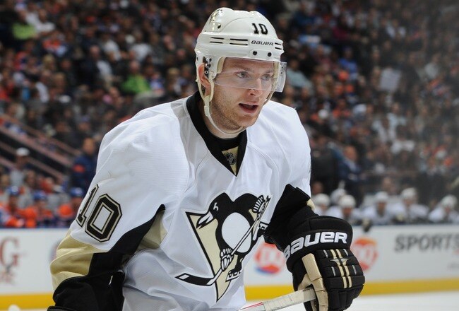 EDMONTON, CANADA - OCTOBER 9: Mark Letestu #10 of the Pittsburgh Penguins skates against the Edmonton Oilers on October 9, 2011 at Rexall Place in Edmonton, Alberta, Canada. (Photo by Dale MacMillan/Getty Images)