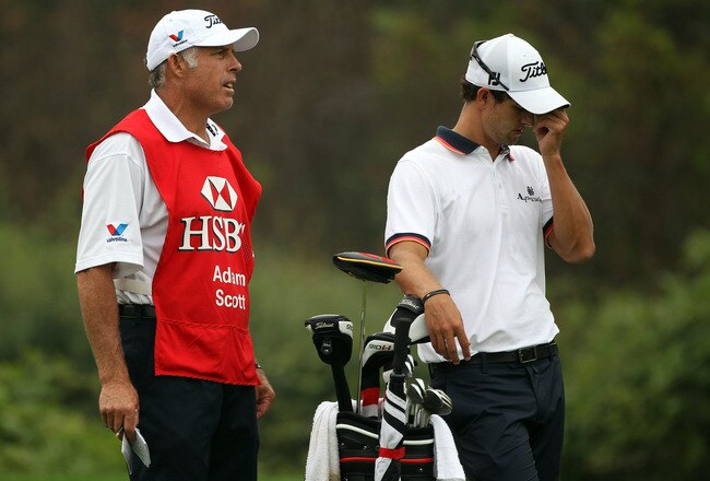 SHANGHAI, CHINA - NOVEMBER 05:  Adam Scott of Australia (right) and his caddie Steve Williams in action during the third round of the WGC-HSBC Champions at Sheshan International Golf Club on November 5, 2011 in Shanghai, China.  (Photo by Andrew Redington/Getty Images)