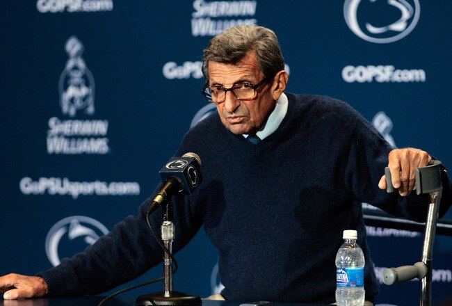 STATE COLLEGE, PA - SEPTEMBER 10: Head coach Joe Paterno talks with the media following thier 27-11 loss to the Alabama Crimson Tide at Beaver Stadium on September 10, 2011 in State College, Pennsylvania.  (Photo by Rob Carr/Getty Images)
