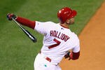 ST LOUIS, MO - OCTOBER 13:  Matt Holliday #7 of the St. Louis Cardinals hits a solo home run in the bopttom of the second inning against the Milwaukee Brewers during Game 4 of the National League Championship Series at Busch Stadium on October 13, 2011 in St. Louis, Missouri.  (Photo by Dilip Vishwanat/Getty Images)