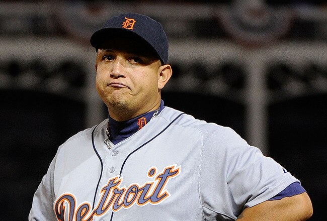 ARLINGTON, TX - OCTOBER 15:  Miguel Cabrera #24 of the Detroit Tigers looks on during Game Six of the American League Championship Series against the Texas Rangers at Rangers Ballpark in Arlington on October 15, 2011 in Arlington, Texas.  (Photo by Kevork Djansezian/Getty Images)