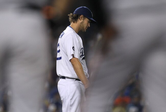 LOS ANGELES, CA - SEPTEMBER 20:  Starting pitcher Clayton Kershaw #22 of the Los Angeles Dodgers reacts as he is being relieved in the eighth inning in the game against the San Francisco Giants on September 20, 2011 at Dodger Stadium in Los Angeles, California.  (Photo by Stephen Dunn/Getty Images)