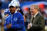 MIAMI GARDENS, FL - FEBRUARY 07:  Head Coach Jim Caldwell (L) of the Indianapolis Colts stands on the field during warm ups with President of the Indianapolis Colts Bill Polian prior to Super Bowl XLIV against the New Orleans Saints on February 7, 2010 at Sun Life Stadium in Miami Gardens, Florida.  (Photo by Andy Lyons/Getty Images)