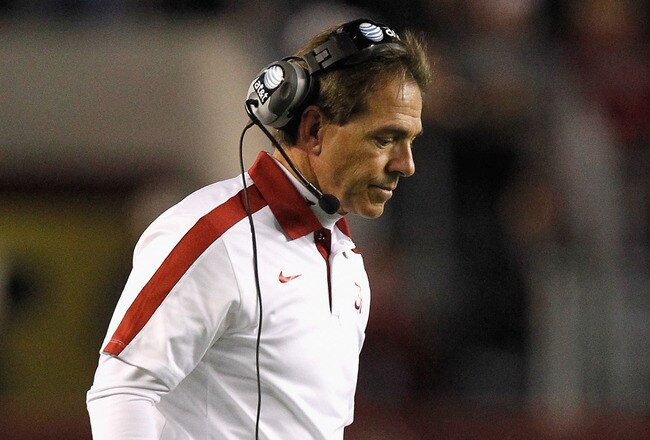 TUSCALOOSA, AL - NOVEMBER 05:  Head coach Nick Saban of the Alabama Crimson Tide walks on the field against the LSU Tigers at Bryant-Denny Stadium on November 5, 2011 in Tuscaloosa, Alabama.  (Photo by Streeter Lecka/Getty Images)