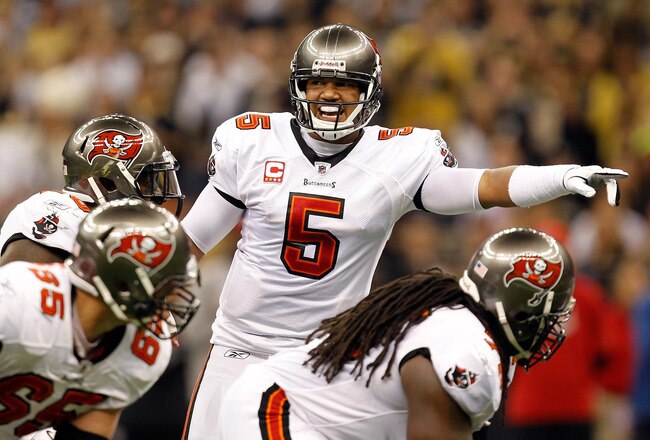 NEW ORLEANS, LA - NOVEMBER 06:   Josh Freeman #5 of the Tampa Bay Buccaneers calls a play during their game against the New Orleans Saints at Mercedes-Benz Superdome on November 6, 2011 in New Orleans, Louisiana.  (Photo by Streeter Lecka/Getty Images)
