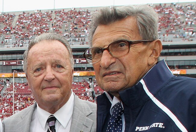 TUSCALOOSA, AL - SEPTEMBER 11:  In this image provided by the University of Alabama, (L-R) head coach Nick Saban of the Alabama Crimson Tide, retired coach Bobby Bowden and head coach Joe Paterno of the Penn State Nittany Lions converse during pre-game warm-ups at Bryant-Denny Stadium on September 11, 2010 in Tuscaloosa, Alabama.  (Photo by University of Alabama via Getty Images)