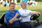 SPARTANBURG, SC - AUGUST 03:  Roger Goodell (L), the Commissioner of the National Football League, rides along with Jerry Richardson (R), owner of the Carolina Panthers during training camp at Wofford College on August 3, 2011 in Spartanburg, South Carolina.  (Photo by Streeter Lecka/Getty Images)