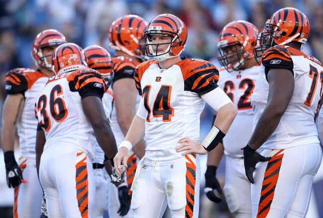 NASHVILLE, TN - NOVEMBER 06:  Andy Dalton #14 of the Cincinnati Bengals gives instructions to his team during the NFL game against the Tennessee Titans at LP Field on November 6, 2011 in Nashville, Tennessee.  The Bengals won 24-17.  (Photo by Andy Lyons/Getty Images)