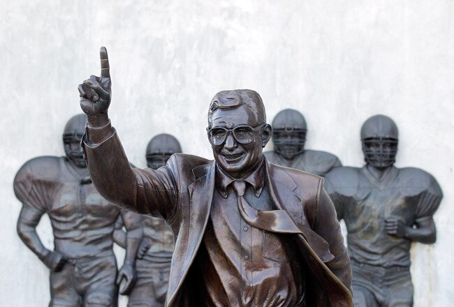 UNIVERSITY PARK, PA - NOVEMBER 08:  A statue of  Penn State University head football coach Joe Paterno is seen outside of Beaver Stadium on November 8, 2011 in University Park, Pennsylvania. Amid allegations that former assistant Jerry Sandusky was involved with child sex abuse, Joe Paterno's weekly news conference was canceled about an hour before it was scheduled to occur. (Photo by Rob Carr/Getty Images)