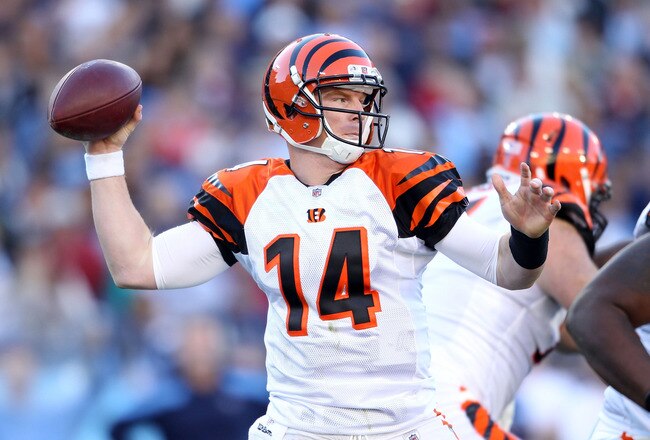 NASHVILLE, TN - NOVEMBER 06:  Andy Dalton #14 of the Cincinnati Bengals throws the ball during the NFL game against the Tennessee Titans at LP Field on November 6, 2011 in Nashville, Tennessee.  The Bengals won 24-17.  (Photo by Andy Lyons/Getty Images)
