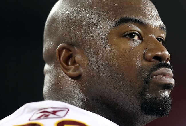 GLENDALE, AZ - SEPTEMBER 02:  Defensive tackle Albert Haynesworth #92 of the Washington Redskins stands on the sidelines during preseason NFL game against the Arizona Cardinals at the University of Phoenix Stadium on September 2, 2010 in Glendale, Arizona.  The Cardinals defeated the Redskins 20-10.  (Photo by Christian Petersen/Getty Images)