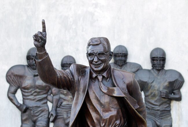 UNIVERSITY PARK, PA - NOVEMBER 08:  A statue of  Penn State University head football coach Joe Paterno is seen outside of Beaver Stadium on November 8, 2011 in University Park, Pennsylvania. Amid allegations that former assistant Jerry Sandusky was involved with child sex abuse, Joe Paterno's weekly news conference was canceled about an hour before it was scheduled to occur. (Photo by Rob Carr/Getty Images)