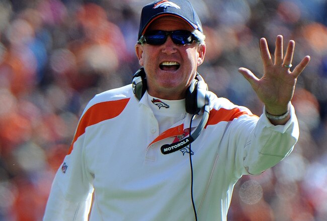 DENVER, CO - OCTOBER 9:  Head coach John Fox of the Denver Broncos reacts to a call against the San Diego Chargers at Sports Authority Field at Mile High on October 9, 2011 in Denver, Colorado.  (Photo by Bart Young/Getty Images)