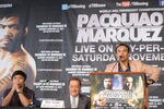 NEW YORK, NY - SEPTEMBER 06:  (L-R) Professional Boxer Manny Pacquiao, boxing promoter Bob Arum, and Professional Boxer and Juan Manuel Marquez attend the press conference for their World Welterweight Championship Fight at The Lighthouse at Chelsea Piers on September 6, 2011 in New York City.  (Photo by Michael Loccisano/Getty Images)