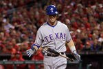 ST LOUIS, MO - OCTOBER 27:  Michael Young #10 of the Texas Rangers reacts after striking out in the first inning during Game Six of the MLB World Series against the St. Louis Cardinals at Busch Stadium on October 27, 2011 in St Louis, Missouri.  (Photo by Ezra Shaw/Getty Images)