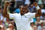 LONDON, ENGLAND - JUNE 29:  Jo-Wilfried Tsonga of France celebrates after winning his quarterfinal round match against Roger Federer of Switzerland on Day Nine of the Wimbledon Lawn Tennis Championships at the All England Lawn Tennis and Croquet Club on June 29, 2011 in London, England.  (Photo by Julian Finney/Getty Images)