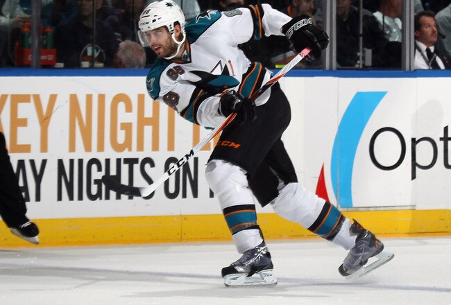 UNIONDALE, NY - OCTOBER 29:  Brent Burns #88 of the San Jose Sharks skates against the New York Islanders at the Nassau Veterans Memorial Coliseum on October 29, 2011 in Uniondale, New York. The Sharks defeated the Islanders 3-2 in overtime.  (Photo by Bruce Bennett/Getty Images)