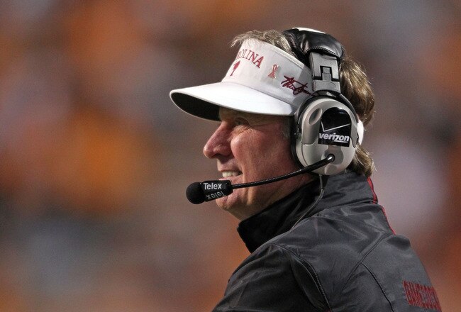 KNOXVILLE, TN - OCTOBER 29:  Steve Spurrier the Head Coach of the South Carolina Gamecocks takes in the action during the game against the Tennessee Volunteers at Neyland Stadium on October 29, 2011 in Knoxville, Tennessee.  (Photo by Andy Lyons/Getty Images)