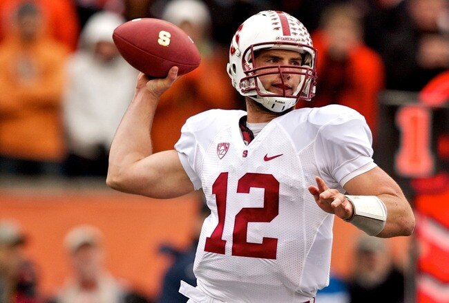 CORVALLIS, OR - NOVEMBER 05: Quarterback Andrew Luck #12 of the Stanford Cardinal looks to pass during the game against the Oregon State Beavers on November 5, 2011 at Reser Stadium in Corvallis, Oregon. Stanford won the game 38-13. (Photo by Craig Mitchelldyer/Getty Images)
